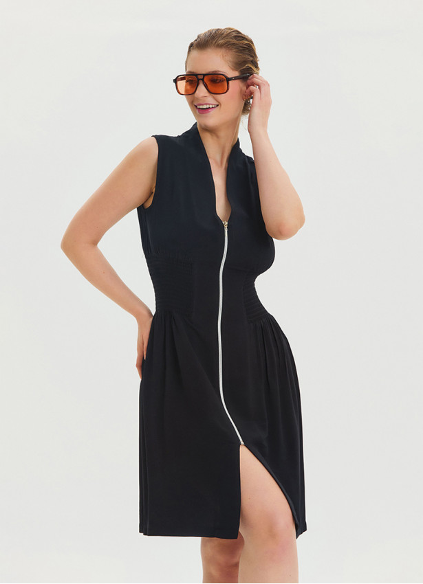 Black Summer Dress with Stand Collar and Zipper Detail 4442